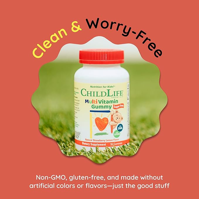 CHILDLIFE ESSENTIALS Multivitamin Gummies for Kids - Children's Vitamins, Kids Multivitamins with DHA, Sugar Free - Natural Strawberry, 90 Count