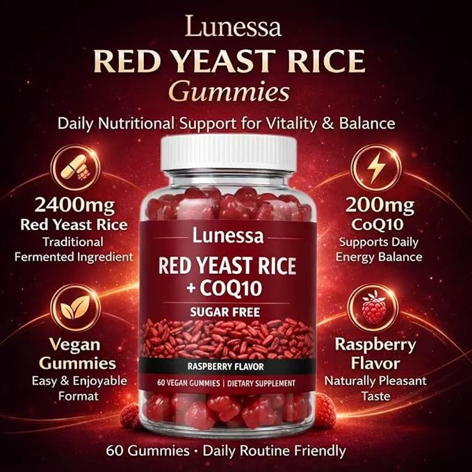 Lunessa Red Yeast Rice, with Red Yeast Rice 2400mg, CoQ10 200mg, Restores Body Vitality & Maintains Healthy Cholesterol Levels for Men & Women, Non-GMO, Vegan, Raspberry Flavor, 60 Gummies (1)
