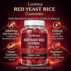 Lunessa Red Yeast Rice, with Red Yeast Rice 2400mg, CoQ10 200mg, Restores Body Vitality & Maintains Healthy Cholesterol Levels for Men & Women, Non-GMO, Vegan, Raspberry Flavor, 60 Gummies (1)