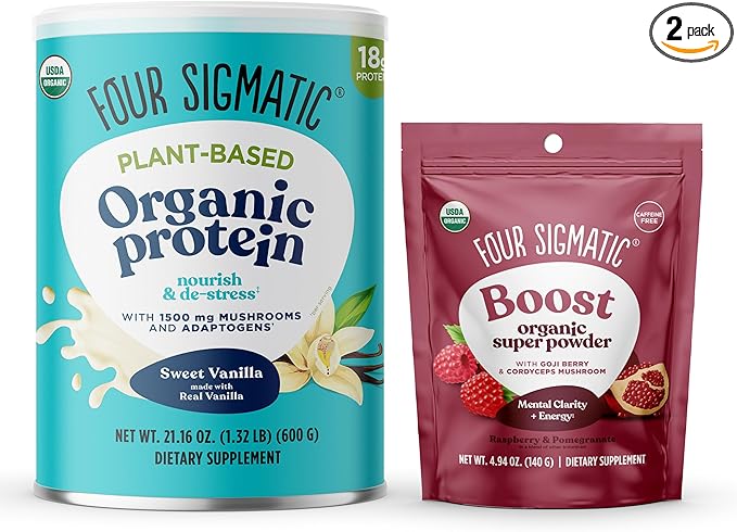 Four Sigmatic Plant Based Vanilla Protein + Perform Super Powder Workout Bundle Clean Vegan Protein for Brain Function and Immune Support | Superfood Powder with Adaptogens & Antioxidants