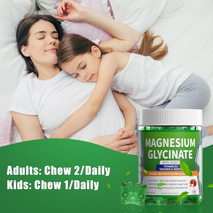 Magnesium Glycinate Gummies 400mg Supplements with Magnesium Malate & Taurate | Vitamin D3 Spinach | Kale | Broccoli