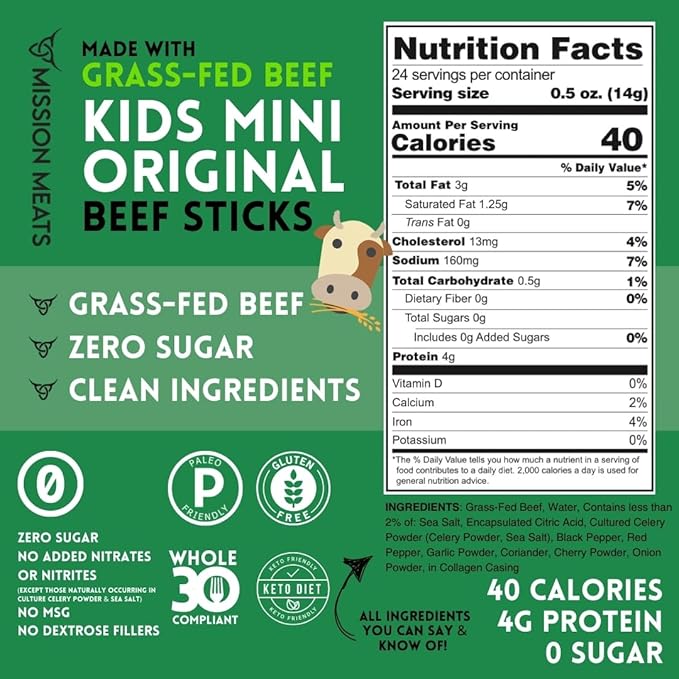 Mission Meats Kids Beef Sticks, 100% Grass Fed, Healthy Snacks for Kids, Zero Sugar, 9g Protein per Serving, Gluten & Nut Free, Individually Wrapped, Mini 0.5oz (72ct Bag)