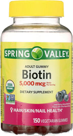 Spring Valley Biotin 5000mcg- Blueberry Flavor, Hair Skin and Nails 150 Gummies (Pack of 1), Set by Basket Goods