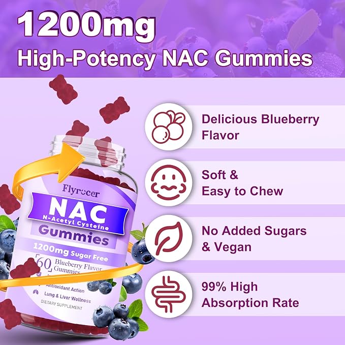 NAC Gummies, N Acetyl Cysteine Supplement for Adults and Kids, NAC Chewable Support Liver Health, Antioxidants & Immune System, Sugar-Free, Blueberry Flavor, 60 Count
