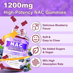 2 Pack NAC Gummies, N Acetyl Cysteine Supplement for Adults and Kids, NAC Chewable Support Liver Health, Antioxidants & Immune System, Sugar-Free, Blueberry Flavor, 120 Count