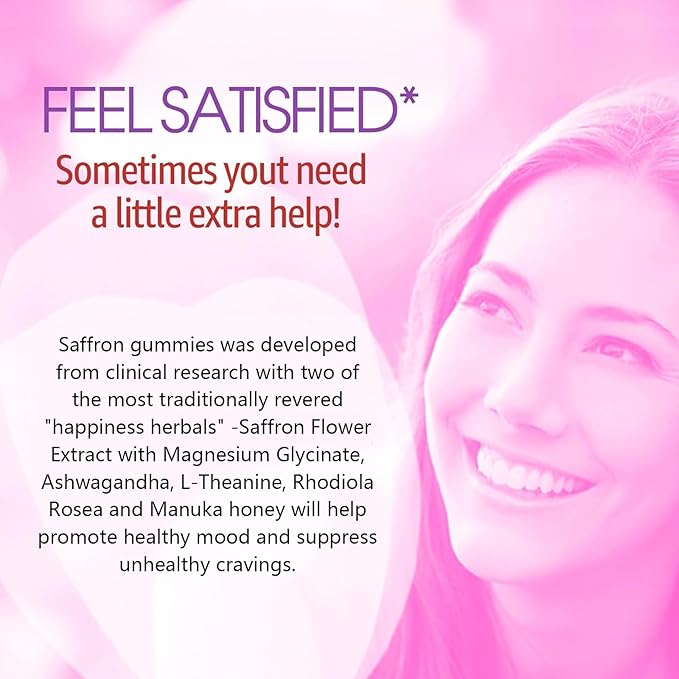 Saffron Supplements Gummies 100mg - 100% Pure Saffron Extract With Magnesium Glycinate, L-Theanine, Turmeric, Ashwagandha, Honey & Vitamin B Complex for Mood & Power, Antioxidant, Vitality - 120 Count