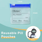Serfeymi 32 Pcs Pill Pouch Bags for Travel Reusable Plastic Bags 3 x 3 Inches 12 mil (Double Sided) Translucent Zippered Pill Pouches for Medicine with Slide Lock & Writable Label，1 Pc Marker - Blue