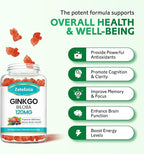 2 Pack Ginkgo Biloba Gummies for Women and Men, Brain Supplement Improve Better Mood and Focus, Vegan Mixed Berry Flavor 120 Count