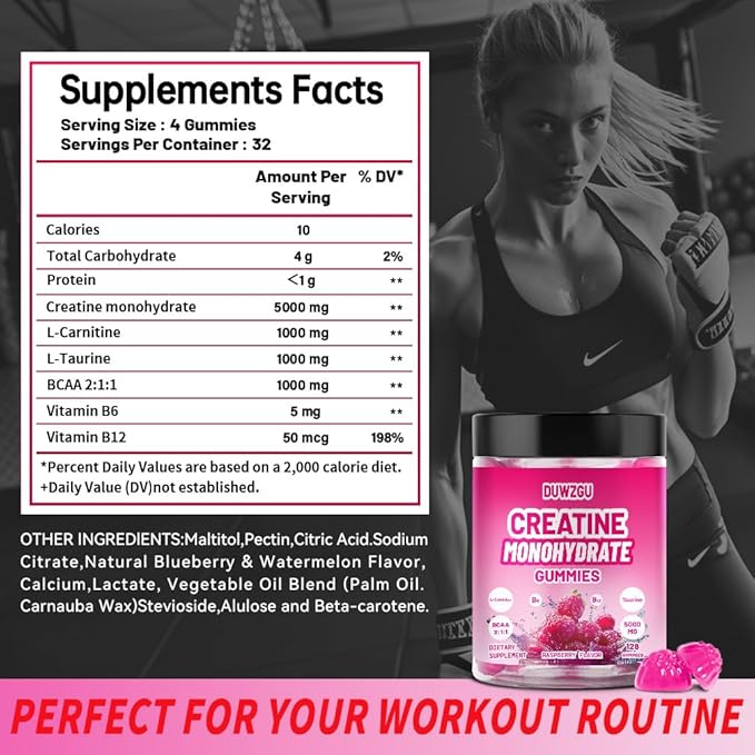 Creatine Monohydrate Gummies 5000mg –Muscle Strength,Energy,Focus, Recovery Support 128 Gummies Pre & Post Workout Supplement Bottle Delicious Creatine Supplement for Men and Women - Raspberry Flavor