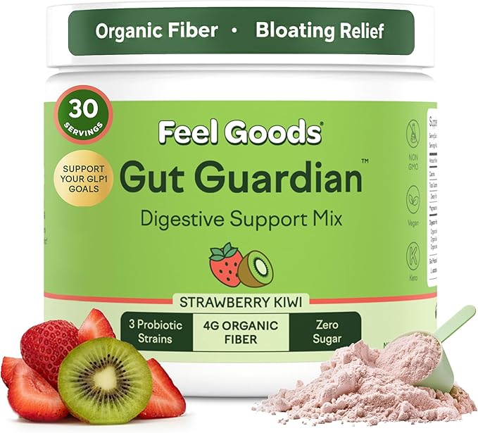Feel Goods Gut Guardian, Gut Health Powder Drink Mix - Probiotic Fiber Powder with Prebiotics & L Glutamine for Digestive Health, Bloating Relief & Digestion Support - Zero Sugar & Organic Flavor