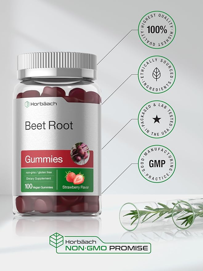 Horbäach Beet Root Gummies | Advanced Formula | 100 Count | Vegan, Non-GMO & Gluten Free | Strawberry Flavor