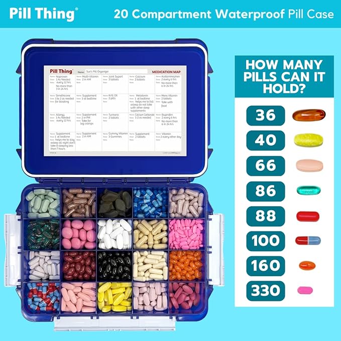 20 Compartment UV Protected Large Cobalt Blue Pill Case with Airtight Seal, Spill Proof, Silicone Gasket Waterproof Med Box with Medication Map, Medical Alert Card (Blue 2 Pack)