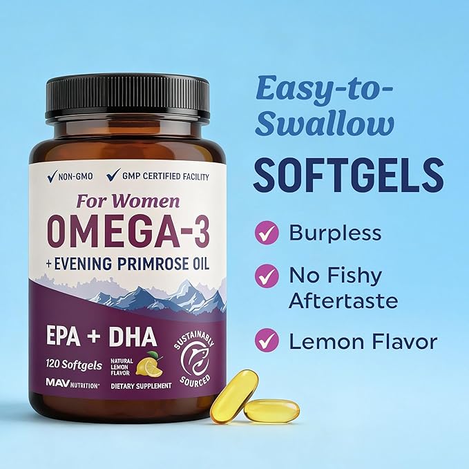 Fish Oil Omega 3 Supplements for Women | DHA + EPA | Heart Health, Hormone Balance, Skin & Wellness Support | 600MG Omega3 + 800MG Evening Primrose Oil | Omega 3 Supplement for Women | 120 Ct.