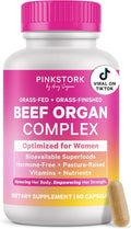 Pink Stork Beef Organ Supplement for Women | Grass-Fed Beef Liver Capsules with Iron, B12, CoQ10, Vitamin A | Primal Multivitamin for Female Hormone + Energy Support | 60 Capsules