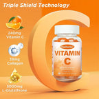 Chewable Vitamin C Gummies 240mg, Natural Orange Flavor Vitamin C for Adults Energy & Immune Support with Collagen, Glutathione, Zinc & Omega-3, 60 Counts