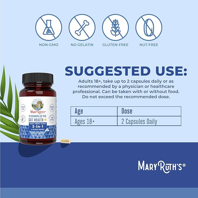 MARYRUTH'S Complete Gut Health+ Capsules | 5 Probiotic Blend | Butyrate | Corebiome® | Vegan Gut Support | Support Gastrointestinal Health & Microbiome | 2 Capsules Daily | 30 Servings