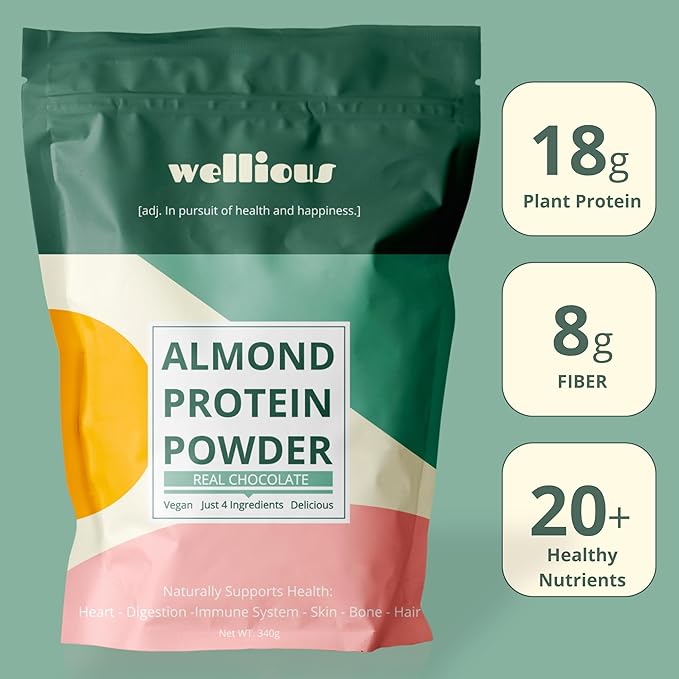 wellious Almond Protein Powder (Chocolate) - 18 Grams of Pure Healthiest Vegan Protein for Women & Men - Perfect Soy-Free & Smooth Gut Friendly Protein Powder for Sports Nutrition