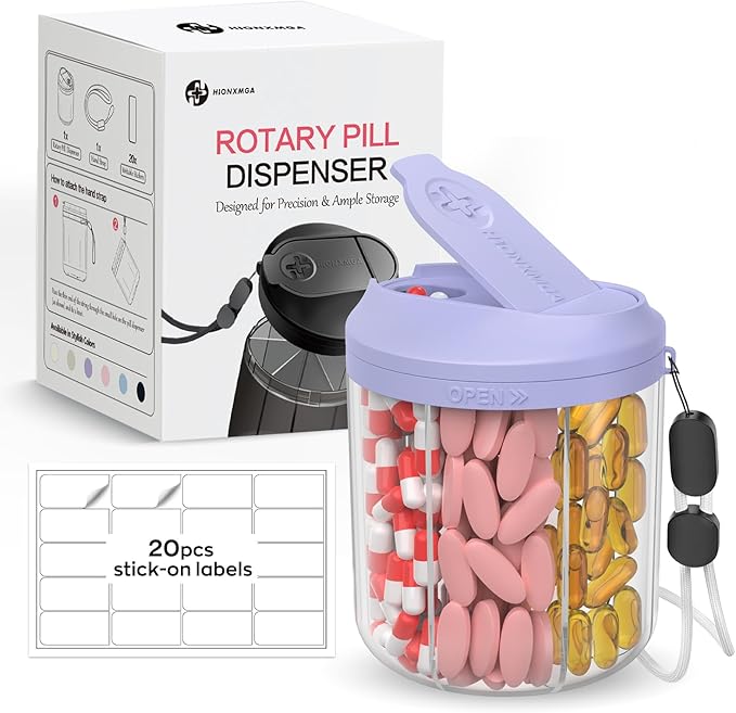 Hionxmga Pill Dispenser with 7 Large Compartments, Pill Organizer for Travel, Supplement Organizer with Anti-Mixing Design, BPA-Free Pill Container with 20 Pcs Labels, Purple