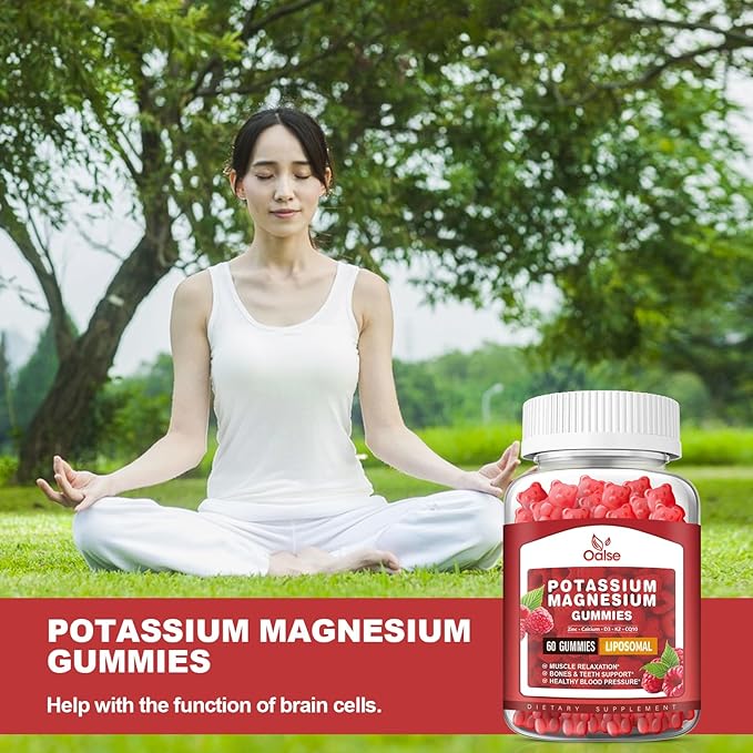 Liposomal Potassium Magnesium Gummies for Adults Kids, High Absorption Potassium Citrate 200mg Magnesium Glycinate 400mg, Vitamin B6 Chewable Supplements for Leg Cramps & Muscle, Raspberry, 60 Count