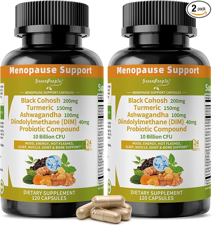 GREENPEOPLE Menopause Supplements for Women - Black Cohosh & Ashwagandha for Hot Flashes, Night Sweats, Mood Swings, Hormonal Balance Support,10 Billion CFU Probiotic - 120(2 Packs) Capsules Vegan