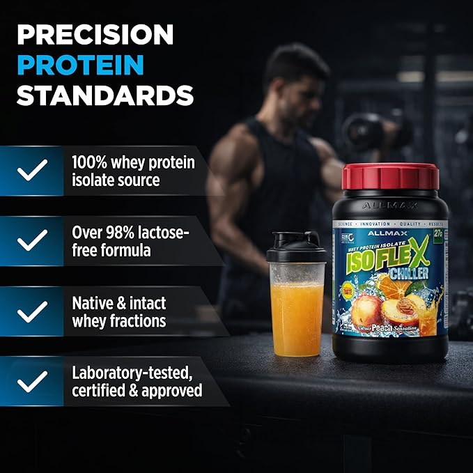 ALLMAX ISOFLEX Chiller Pure Whey Isolate Protein Powder – Gluten Free, Low Lactose, Sugar-Free – High-Protein, Clean, Keto-Friendly, Workout Supplement, Women and Men | Citrus Peach Sensation, 2lb