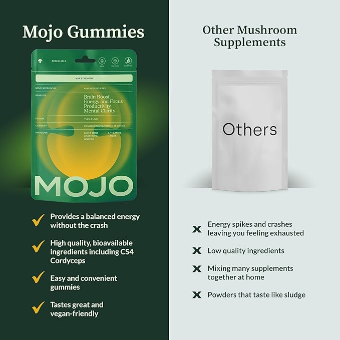 Mojo Extra Strength Focus Gummies with Lion’s Mane, Cordyceps, Ginseng & L-Theanine - Mushroom Gummies Brain Supplement for Adults, Memory/Energy Support, Focus Fuel, Yuzu Lime (2 Pack)