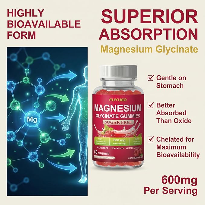 Magnesium Glycinate Gummies for Calm & Rest, Sugar Free High Absorption Magnesium Supplement for Men & Women, Gentle on Stomach, Chewable, Raspberry, 60 Count (Pack of 2)