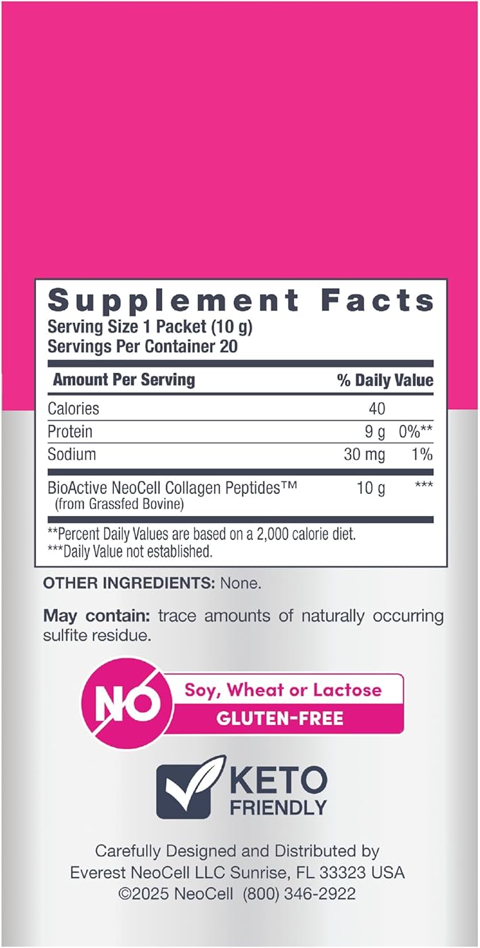 NeoCell Collagen Peptides Powder Packets | 20 Stick Packs | Grass Fed Bovine | Unflavored Supplement | Hair, Skin, & Nails | for Women and Men