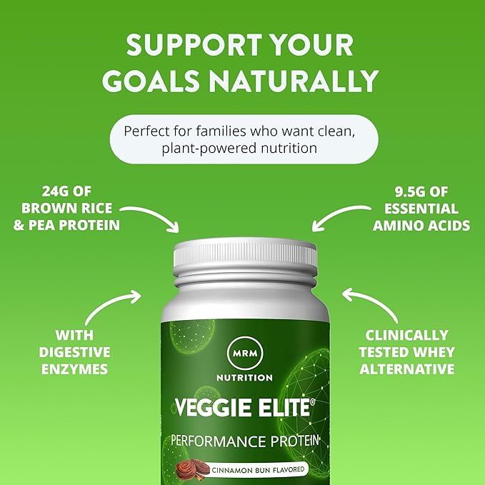 MRM Veggie Elite Performance Protein - Cinnamon Bun, Plant-Based Powder, 24g Protein per Serving with BCAAs & Digestive Enzymes, Clinically Tested - Vegan, Gluten-Free - 30 Servings