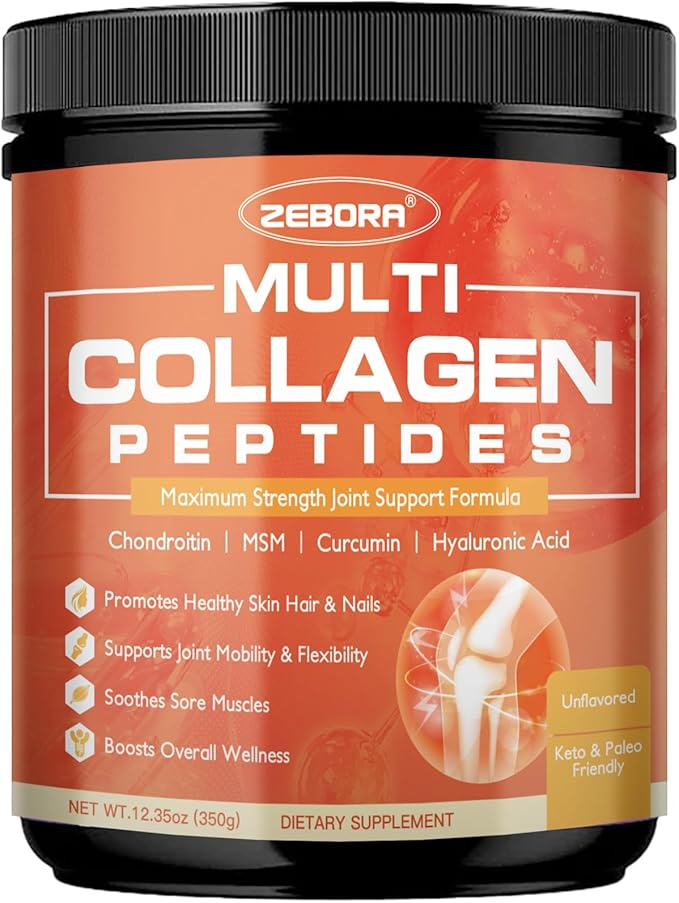 ZEBORA Multi-Collagen-Peptides-Powder with MSM & CS, Type I II III V X Hydrolyzed Collagen Peptides with Hyaluronic Acid & Vitamin C for Women and Men Hair, Skin, Nails & Joint, Non-GMO, 35 Servings