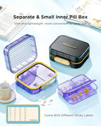 Acedada Small Pill Box, Travel Pill Organizer, Compact 7-Compartment Moistureproof Pill Case for Purse, Chic Daily Pill Container, Portable Medicine & Vitamin Holder for Fish Oil & Supplements, Purple