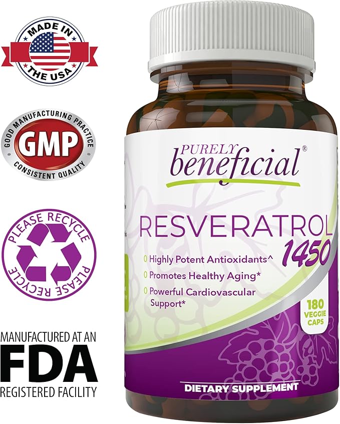 PURELY beneficial RESVERATROL1450-90day Supply, 1450mg per Serving of Potent Antioxidants & Trans-Resveratrol, Promotes Anti-Aging, Cardiovascular Support, Maximum Benefits(1bottle)