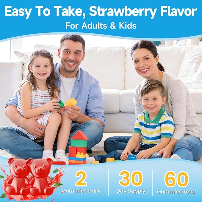 L-Theanine Gummies for Kids & Adults, L Theanine Supplement with Magnesium Glycinate, Ashwagandha, GABA, 5HTP for Calm, Relax, Zzz & Focus Support, Vegan Strawberry Flavor, 60 Count