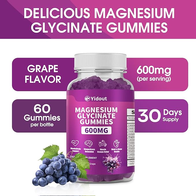 Magnesium Glycinate Gummies 600mg，High Absorption Magnesium Gummies, Sugar Free Chews for Adults & Kids Relaxation, Stress Relief (60 Count (Pack of 1))