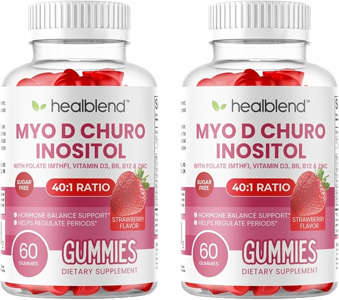 healblend Myo & D-Chiro Inositol Gummies - PCOS Support for Women, Hormone Balance, Fertility & Ovulation - with Methylfolate, Vitamin D3, Zinc, Evening Primrose - Strawberry, Sugar-Free, 60ct (2)