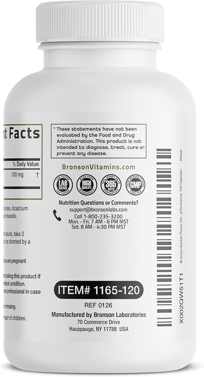Bronson Korean Panax Ginseng Supports Energy, Endurance & Vitality + Memory and Mental Performance, 120 Capsules