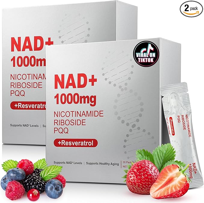 1000mg High-Potency NAD Liquid Supplement, Nicotinamide Riboside & Resveratrol with PQQ, Boosts Cellular Energy, Focus & Healthy Aging - 2 Pc