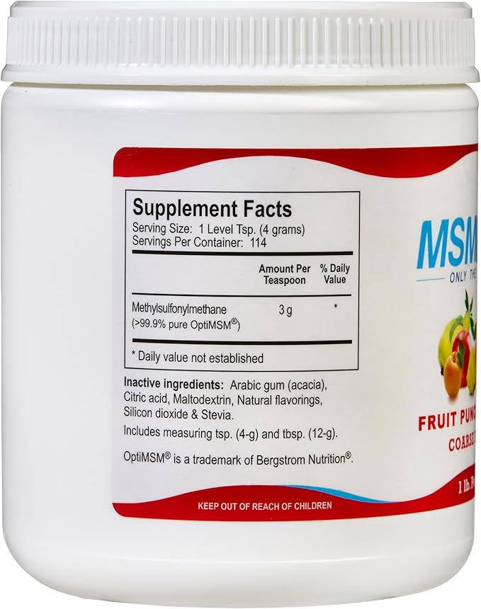 KALA HEALTH MSM Pure Fruit Punch–Flavored Coarse MSM Powder — Organic Sulfur for Joint Flexibility, Skin Appearance, and Hair & Nail Support — 1 lb, Made in the USA, Distilled Crystals