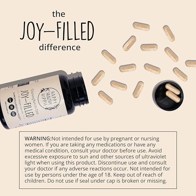 Joy-Filled Mood Support Supplement - 7 Herb Complex + St. Johns Wort | Stress Relief – Helps Calm The Mind & Body | 100% Plant-Based Happy Pills, Ashwagandha, Rhodiola Rosea | Adaptogens, 60 Ct