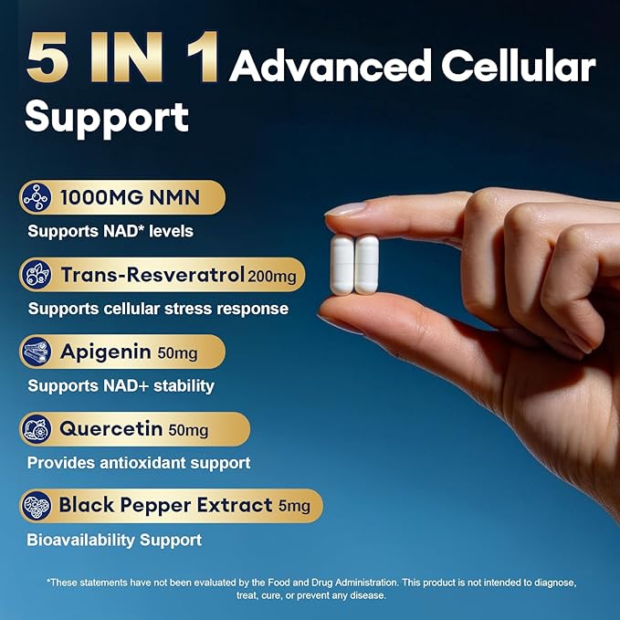 Migcopat NMN Supplement 1000mg – NMNH Alternative 5-in-1 NAD Supplement w/Resveratrol, Apigenin, Quercetin & Black Pepper – Supports Cellular Energy, Healthy Aging & Longevity – 120 Veggie Capsules