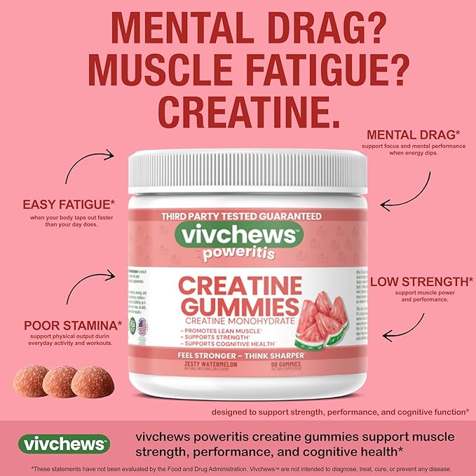 Creatine Gummies for Women – Creatine Monohydrate, Supports Strength, Performance & Cognitive Function, Watermelon Flavor, Fruit Pectin Based, Vegan, Non-GMO, Gelatin-Free, 90 Count