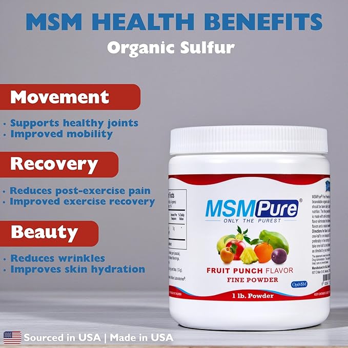 KALA HEALTH MSMPure Fast Dissolving Fruit Punch Flavored Fine MSM Powder Crystals – US-Made MSM for Joint Health, Skin Appearance, and Hair & Nail Support – 1 lb, Organic Sulfur