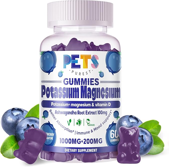 Potassium Magnesium Gummies - High Absorption Magnesium Glycinate & Potassium Citrate Plus Omega 3, B6, D3, K2 & Calcium - Chewable Gummy for Leg Cramps, Immunity & Energy-Blueberry 60 Gummies