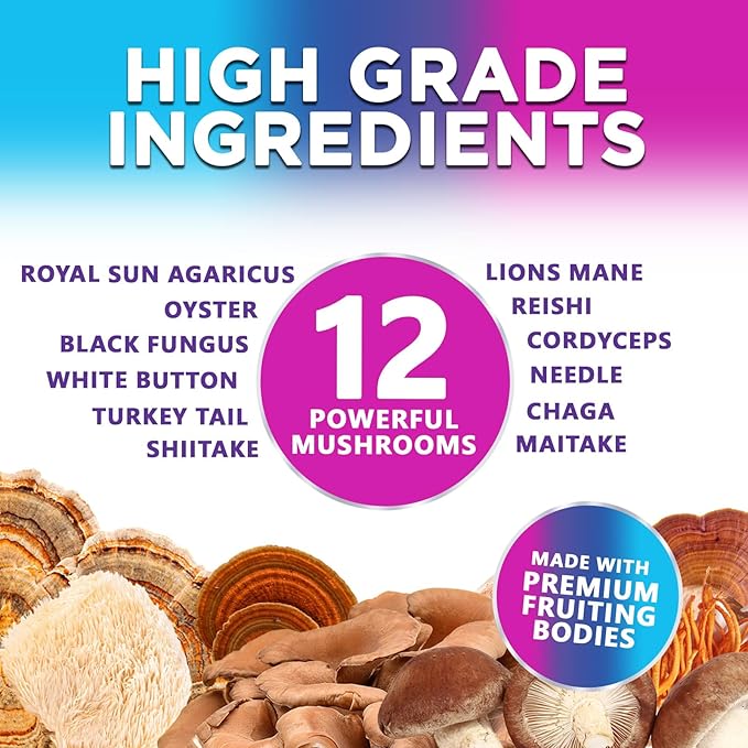 Mushroom Gummies Supplement 12 in 1 - High Grade Blend for Adults with Lions Mane, Reishi, Cordyceps, & Chaga Mushroom Complex Gummy, Memory & Immune Support & Nootropic Brain Supplements - 60 Gummies