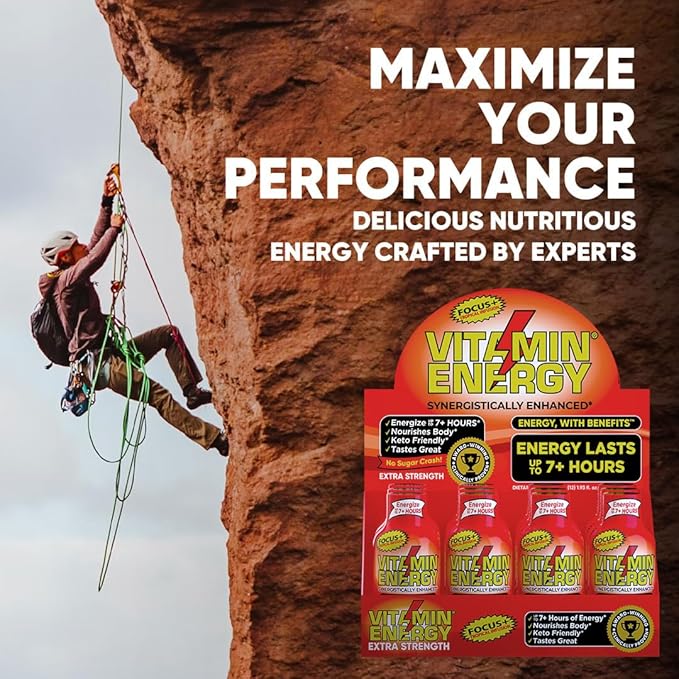 Vitamin Energy Focus+ Extra Strength Energy Shot Tropical Infusion 48 Pack, 260mg Natural Caffeine, B-Vitamins, CoQ10, Amino Acids, Focus, Productivity & Clarity, Zero Sugar, Gluten-Free, 1.93 fl oz