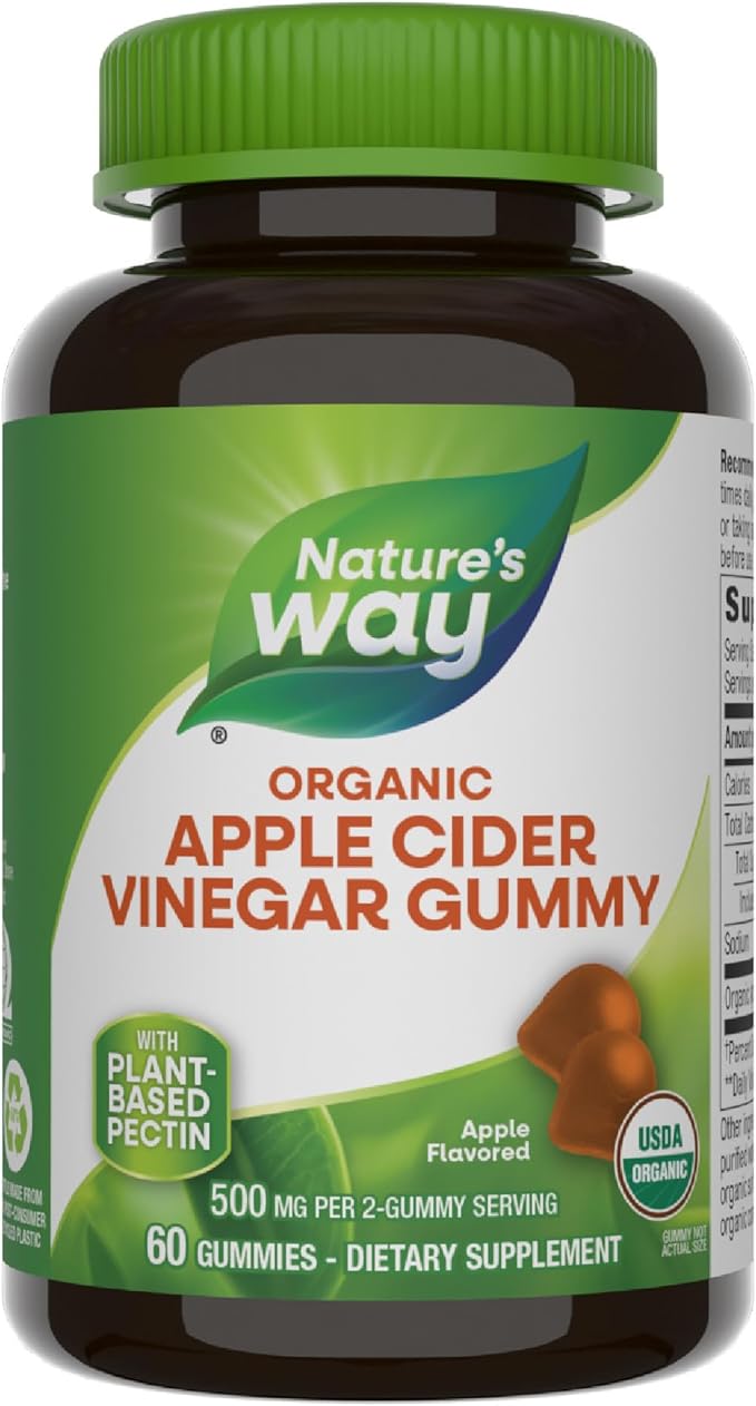 Nature’s Way Organic Apple Cider Vinegar Gummies, 500 mg Organic Apple Cider Vinegar per 2-Gummy Serving, Apple Flavored, 60 Gummies (Packaging May Vary)