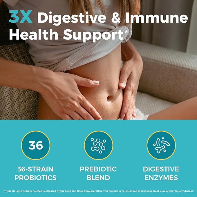 NewRhythm Probiotics 120 Billion CFU 36 Strains, 3-in-1 Probiotics for Digestive Health & Immune Support with Prebiotics & Enzymes, Probioticos for Women & Men, Vegan Targeted Release Supplement, 60ct