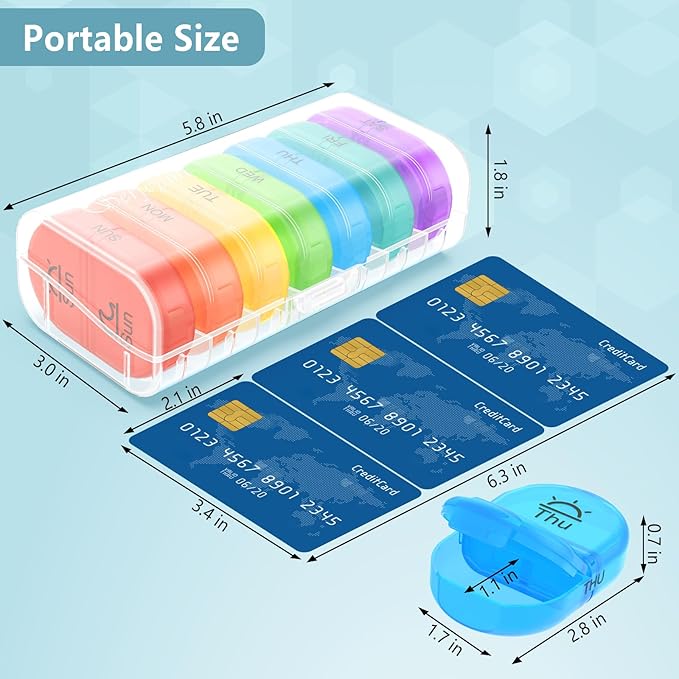 Serfeymi Weekly Pill Organizer 2 Times a Day Travel Medicine Pill Organizer AM PM Pill Box 7 Day with Protection Pill Case Daily Medication Organizer For Vitamins, Fish Oil-Clear Case+Rainbow Pill Box