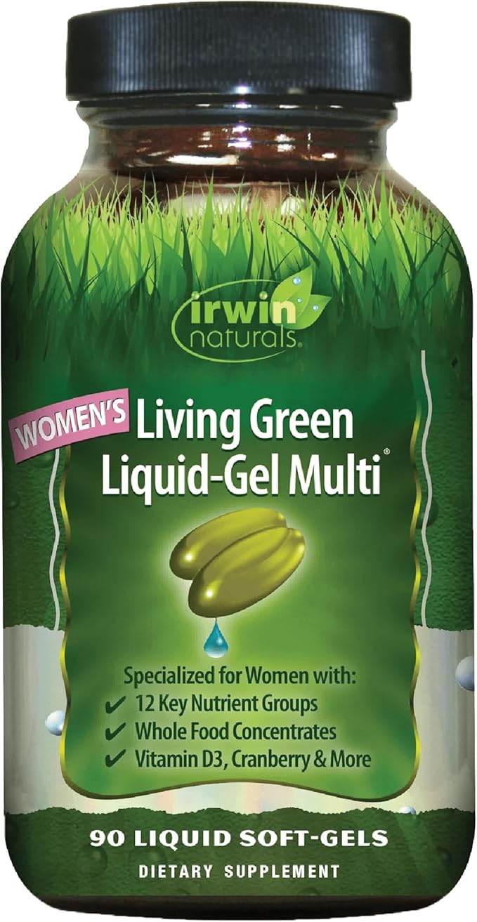 Irwin Naturals Women’s Living Green Liquid-Gel Multi - Whole Food Multivitamin for Women with 70 Nutrients, Omega Oils & Greens Blend - Liquid Soft-Gels with BioPerine® for Absorption - 120 Count