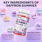Saffron Gummies for Kids & Adults, 20-in-1 Saffron Supplements with 88.5mg Saffron Extract, B6, B12, C, D3, Magnesium for Calm, Focus, Nerve, Sugar Free, Vegan, Non-GMO - Strawberry Flavor, 120 Counts